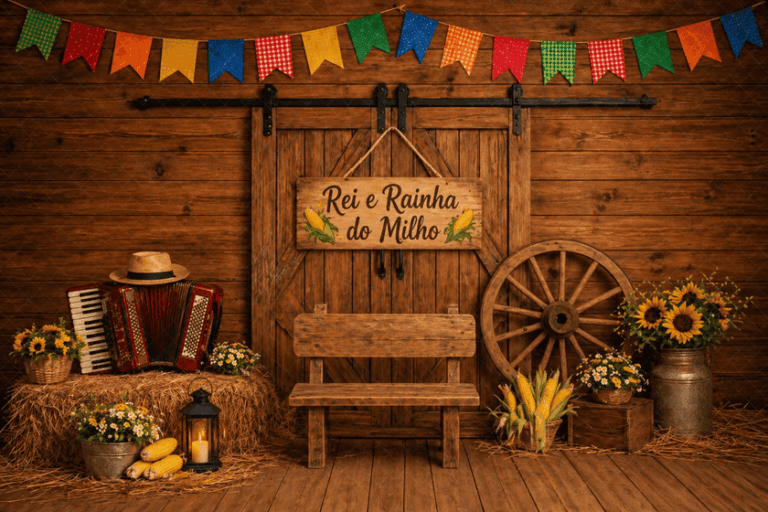 Cenário como ponto para foto em uma festa junina. Rei e Rainha do Milho
