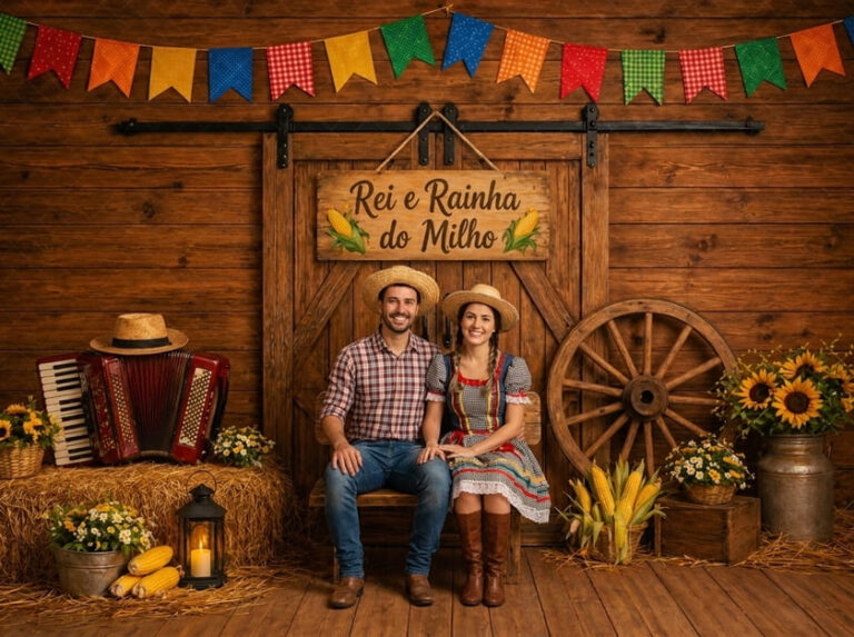 casal sentados em um banco rustico posando para foto numa festa junina