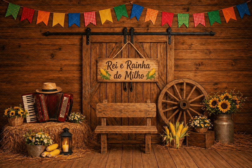 Cenário como ponto para foto em uma festa junina. Rei e Rainha do Milho