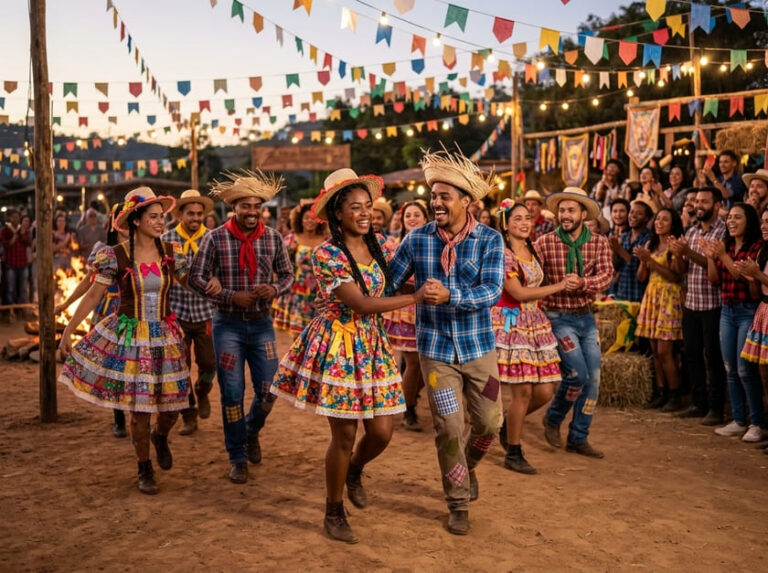 Quadrilha para festa junina com dançarinos vestidos de caipira dançando em evento decorado com bandeirinhas e público ao redor