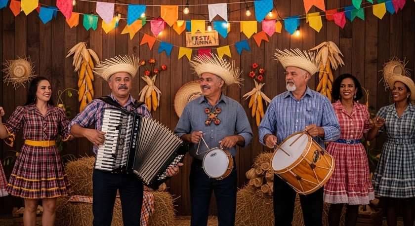 Trio de forró pé de serra tocando ao vivo em festa junina