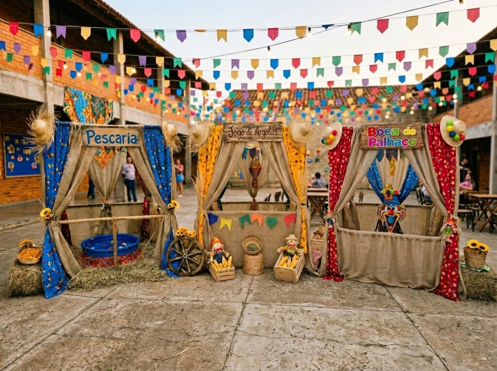 Barracas de brincadeiras para festa junina com pescaria, jogo de argolas e boca do palhaço montadas em evento com decoração típica e bandeirinhas coloridas