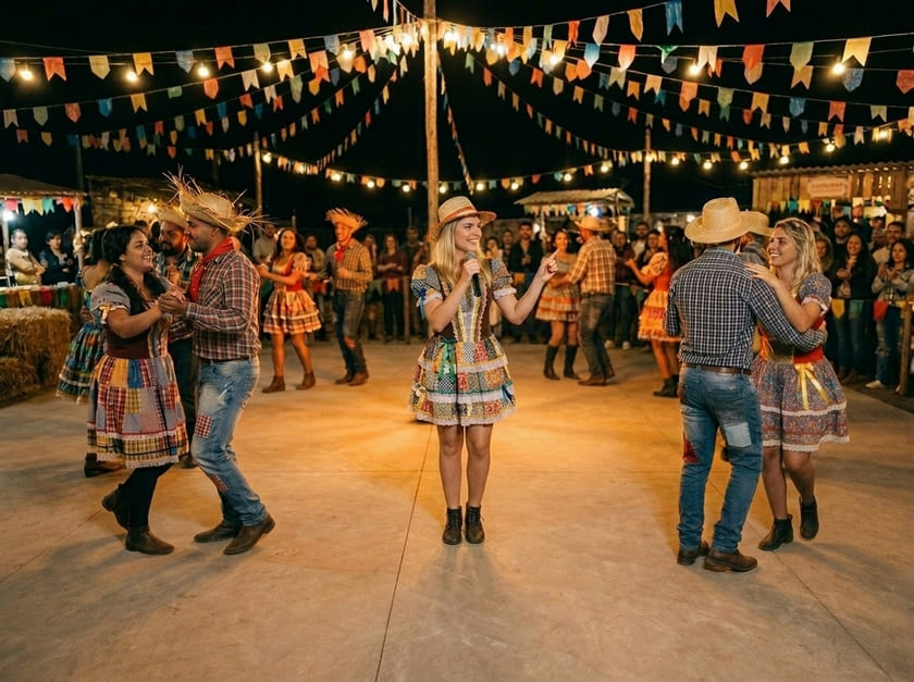 Grupo de quadrilha junina dançando em quermesse com bandeirinhas, roupas caipiras simples e ambiente decorado típico brasileiro