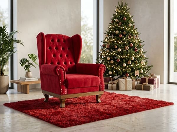 Poltrona vermelha para Papai Noel sobre tapete vermelho em ambiente decorado com árvore de Natal