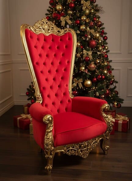 Trono para Papai Noel em veludo vermelho, com encosto alto e estrutura dourada, diante de árvore de Natal