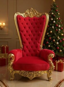 Trono vermelho e dourado para Papai Noel com encosto alto em cenário natalino com árvore decorada.