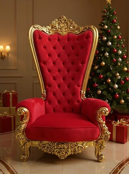 Trono vermelho e dourado para Papai Noel com encosto alto em cenário natalino com árvore decorada.