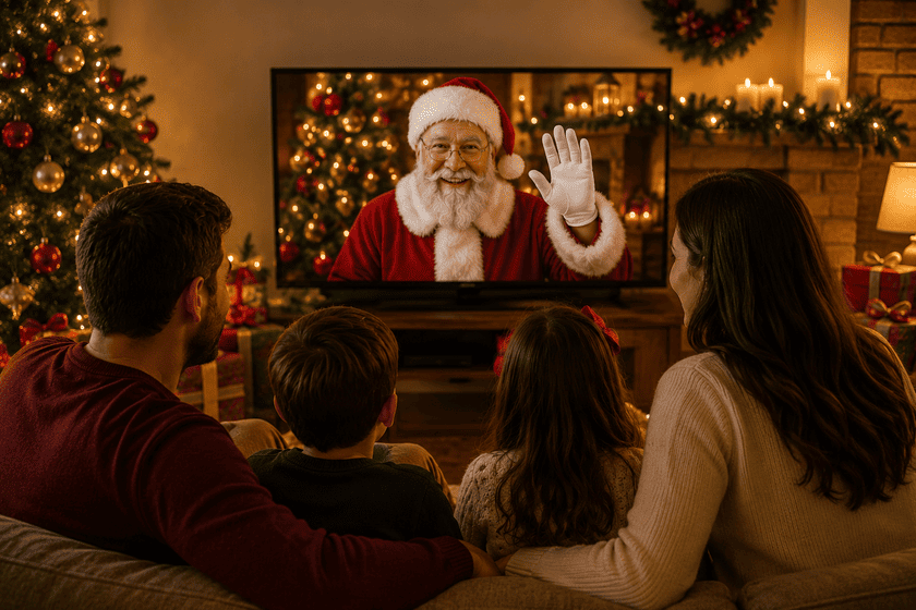 Família com crianças assistindo na TV uma Vídeo Mensagem Personalizada do Papai Noel verdadeiro