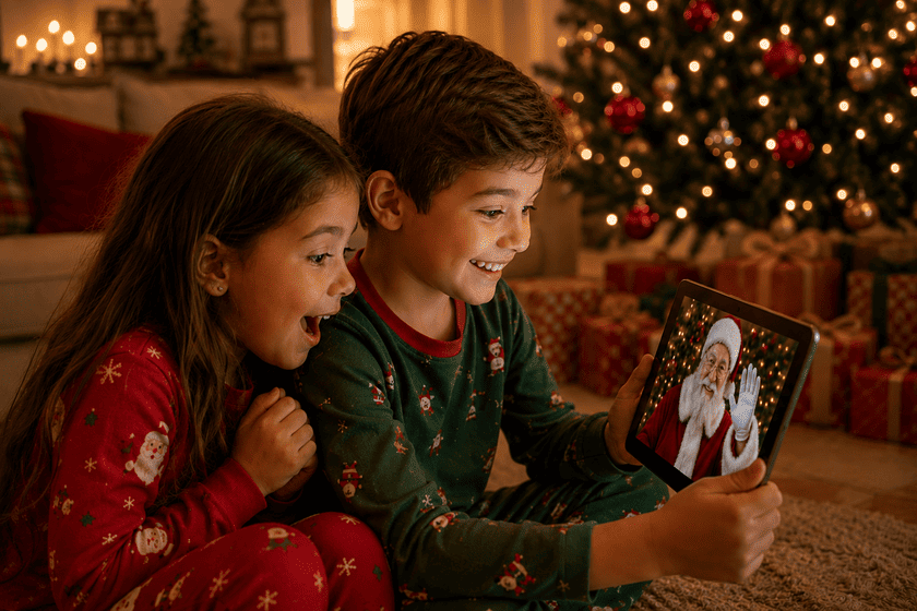 Duas crianças assistindo no tablet uma mensagem personalizada do Papai Noel real com barba natural