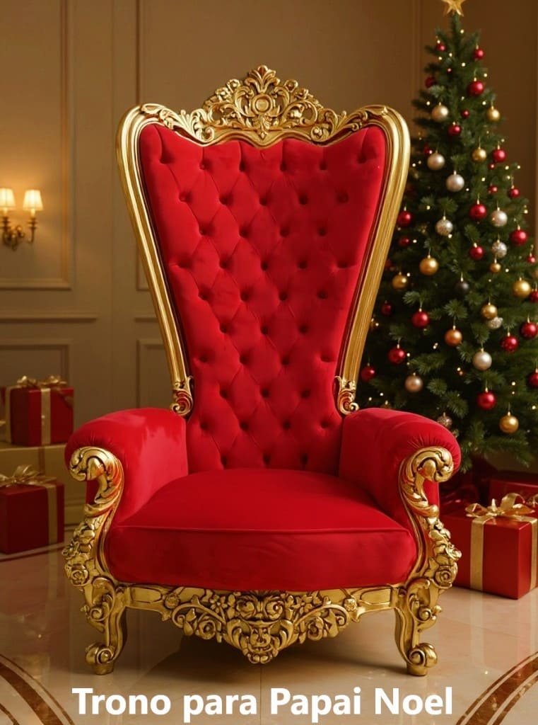 Trono vermelho para papai noel e arvore de natal ao fundo