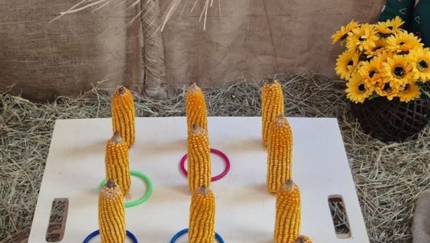 Jogo de argolas com pinos em milho em mesa decorada para festa junina