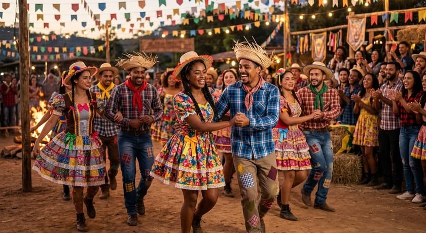 Grupo de quadrilha junina dançando com figurino típico em evento